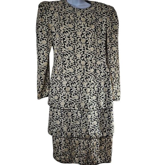 Vintage 80s Maggie London Dress Womens Size 8 Black Ivory Silk Drop Waist - Picture 1 of 9